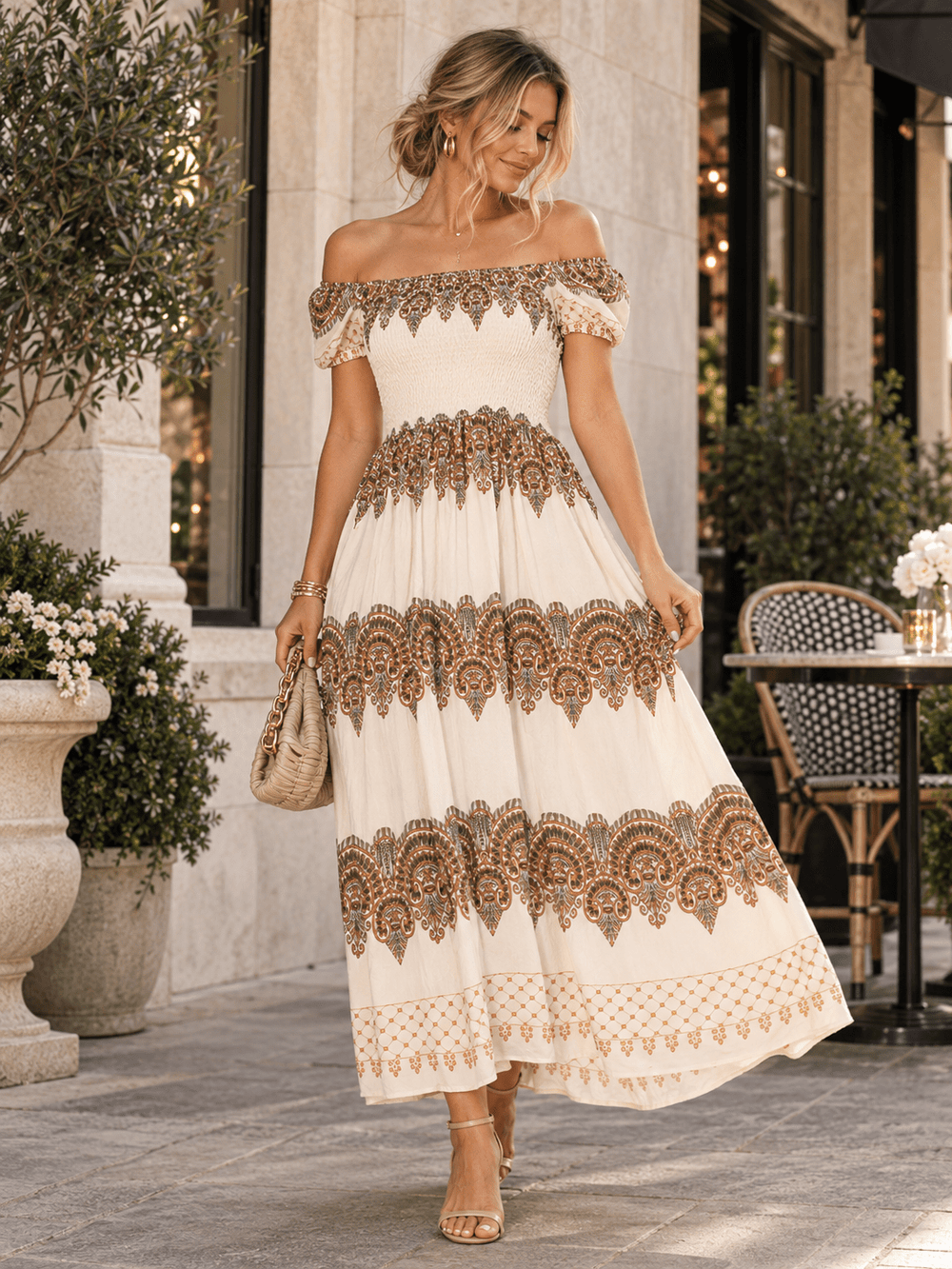 WOMEN'S SHORT SLEEVE SMOCK MULTI PRINT MAXI DRESS