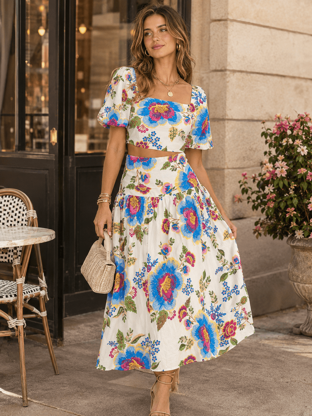 WOMEN'S SHORT SLEEVE CROP TOP & ELASTIC WAIST MAXI SKIRTS FLORAL 2PC. SET
