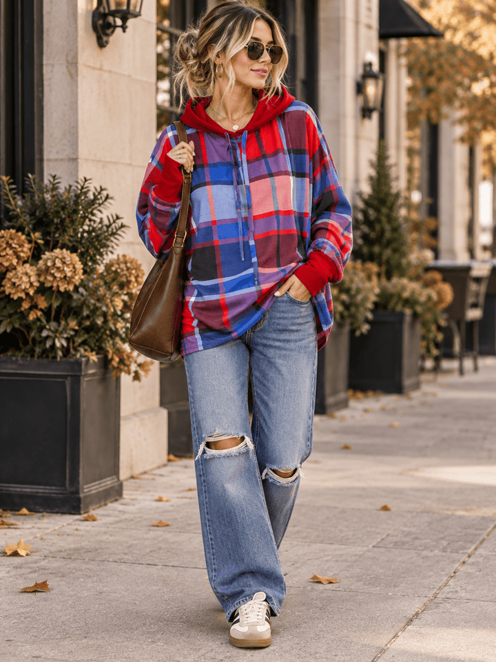 WOMEN'S LONG SLEEVE COLORBLOCK HOODED PLAID TOP