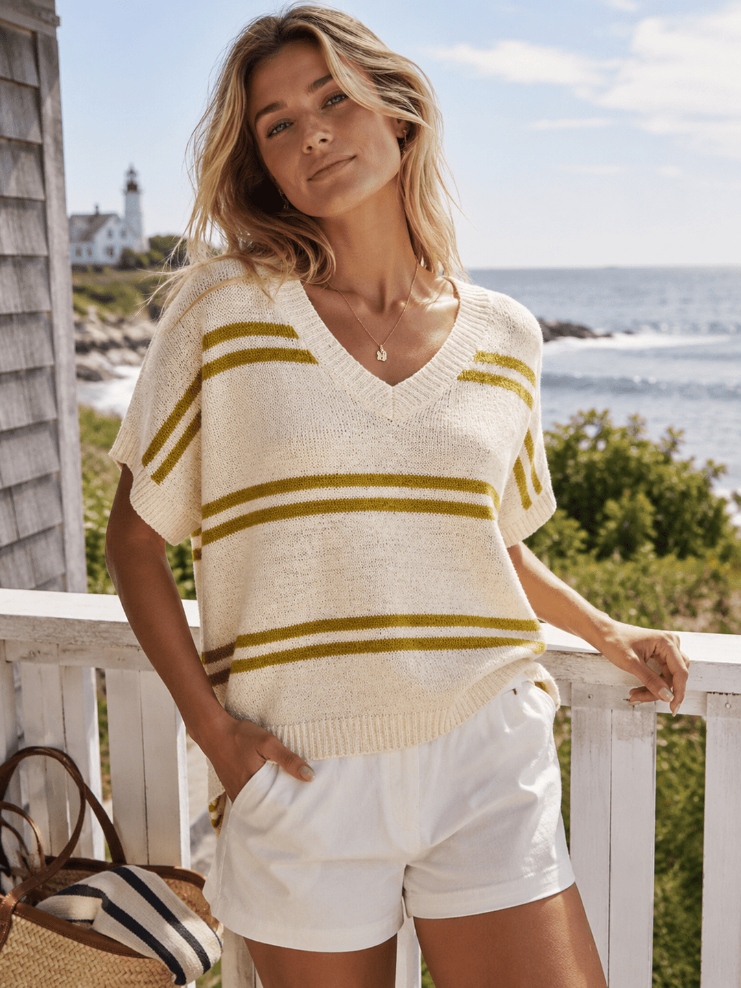 WOMEN'S SHORT SLEEVE V-NECK COLORBLOCK STRIPES LOOSE FIT KNIT TOP