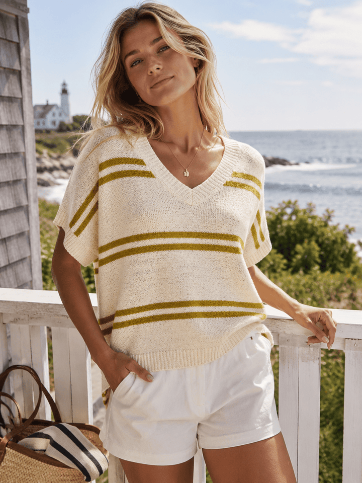 WOMEN'S SHORT SLEEVE V-NECK COLORBLOCK STRIPES LOOSE FIT KNIT TOP