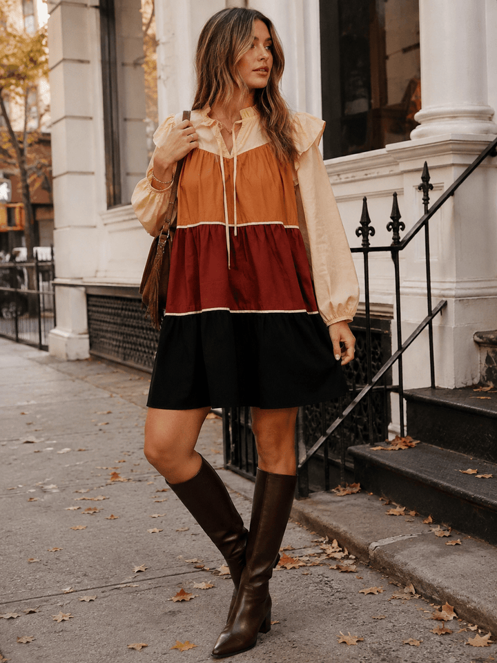 WOMEN'S LONG SLEEVE V-NECK FRONT POCKETS COLORBLOCK TIERED MINI DRESS