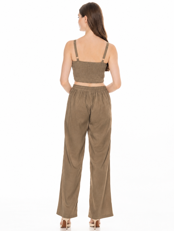 WOMEN'S SLEEVELESS SMOCK CROP TOP & ELASTIC WAIST PANTS DETAILED 2PC. SET
