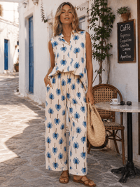 BEULAH WOMEN'S SLEEVELESS BUTTON UP TOP & ELASTIC WAIST WIDE LEG PANTS PRINT 2PC. SET