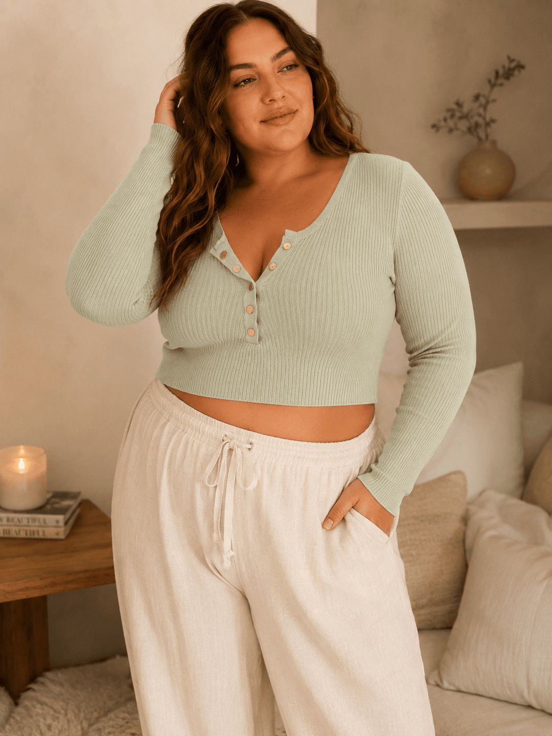 PLUS SIZE LONG SLEEVE BUTTON CLOSURE RIBBED CROP TOP