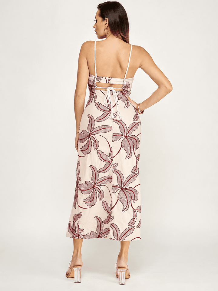 WOMEN'S SLEEVELESS SQUARE NECK OPEN BACK CUT OUT FLORAL MAXI DRESS