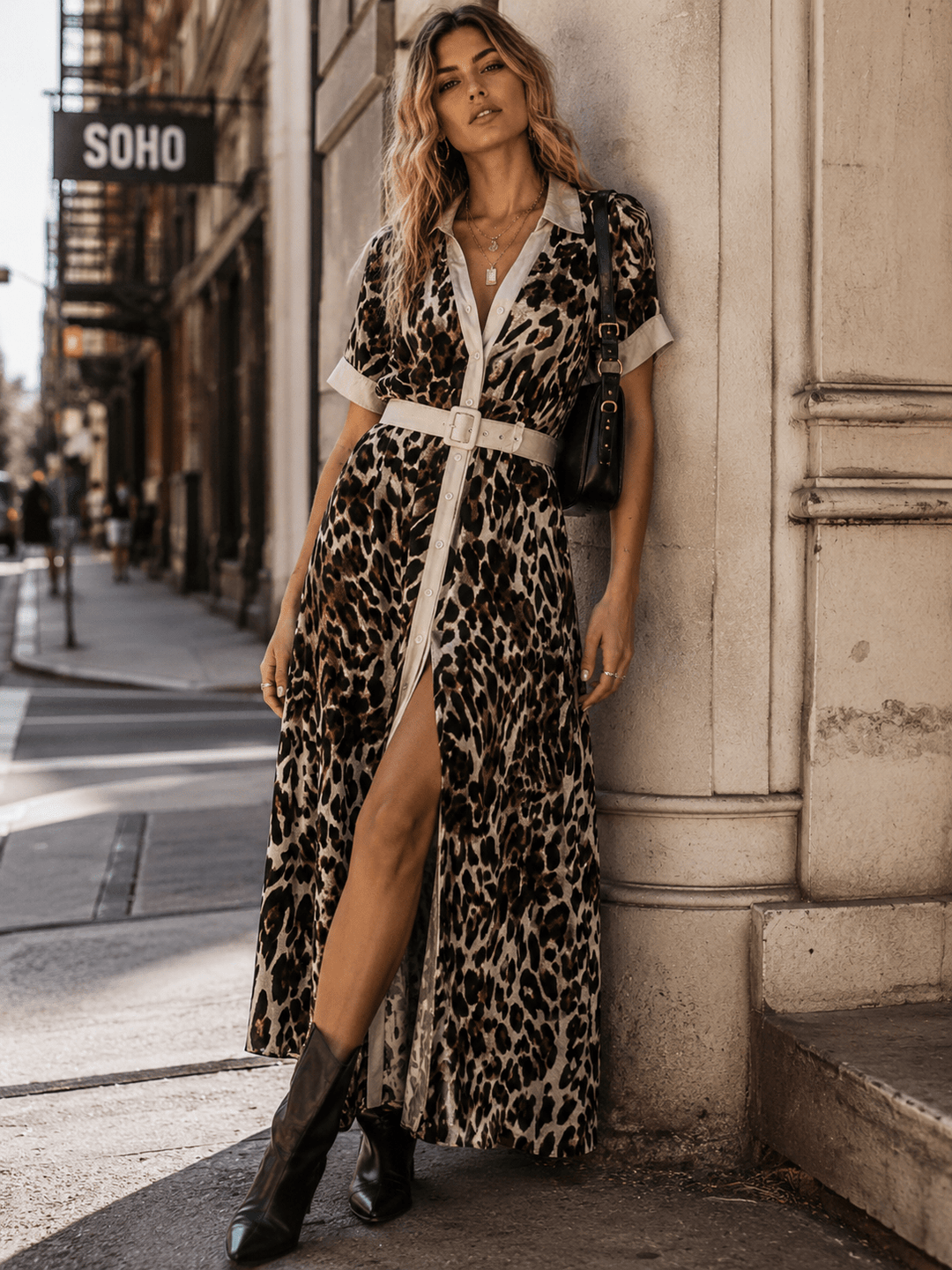WOMEN'S SHORT SLEEVES BUTTON UP BELTED ANIMAL PRINT MAXI DRESS