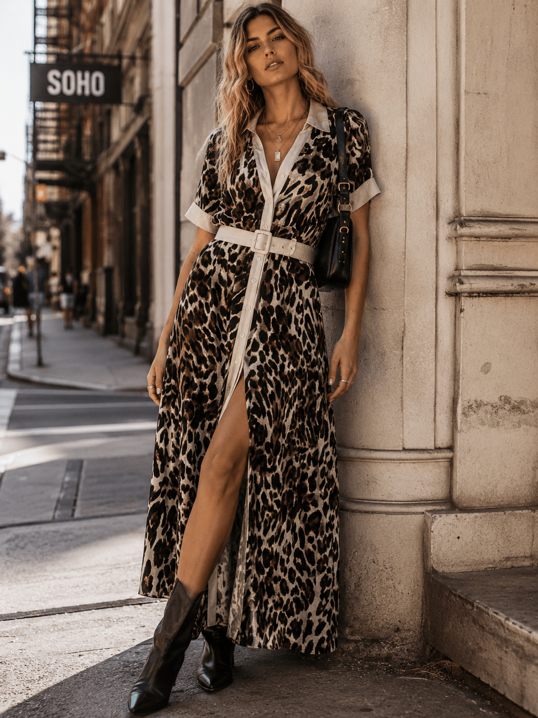 WOMEN'S SHORT SLEEVES BUTTON UP BELTED ANIMAL PRINT MAXI DRESS