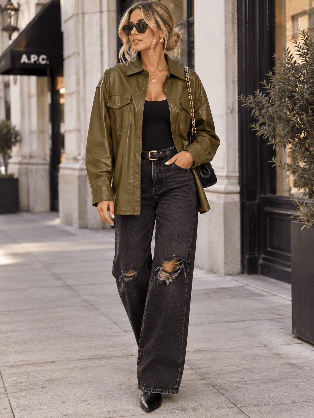 WOMEN'S LONG SLEEVE BUTTON CLOSURE FRONT POCKETS PU PLEATHER JACKET