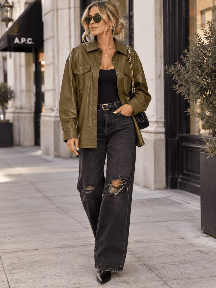 WOMEN'S LONG SLEEVE BUTTON CLOSURE FRONT POCKETS PU PLEATHER JACKET
