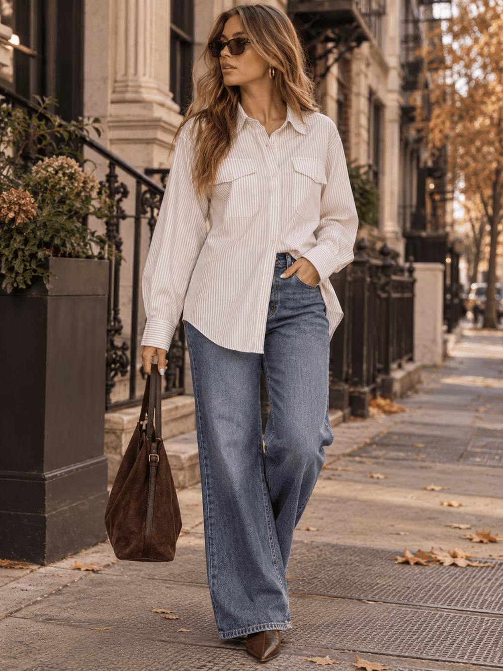 WOMEN'S LONG SLEEVE BUTTON UP FRONT POCKET COLLAR STRIPES SHIRT