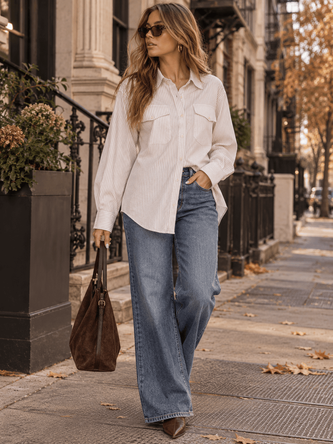 WOMEN'S LONG SLEEVE BUTTON UP FRONT POCKET COLLAR STRIPES SHIRT