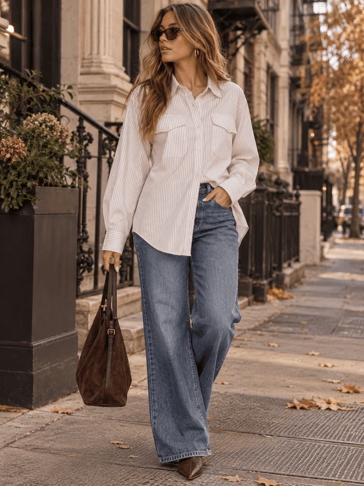 WOMEN'S LONG SLEEVE BUTTON UP FRONT POCKET COLLAR STRIPES SHIRT
