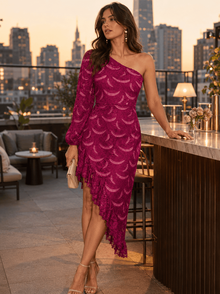 JUST ME WOMEN'S ONE SHOULDER RUFFLE HIGH-LOW CROCHET MAXI DRESS