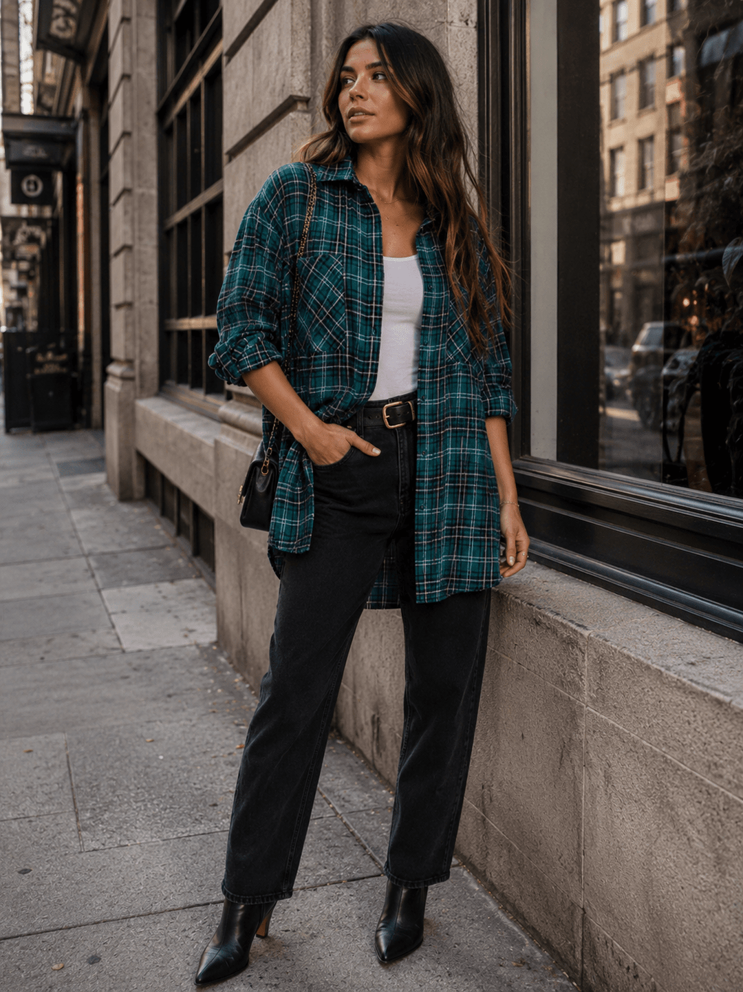 WOMEN'S LONG SLEEVE HIGH-LOW BUTTON UP OPEN BACK PLAID SHIRT