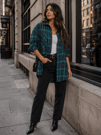 WOMEN'S LONG SLEEVE HIGH-LOW BUTTON UP OPEN BACK PLAID SHIRT