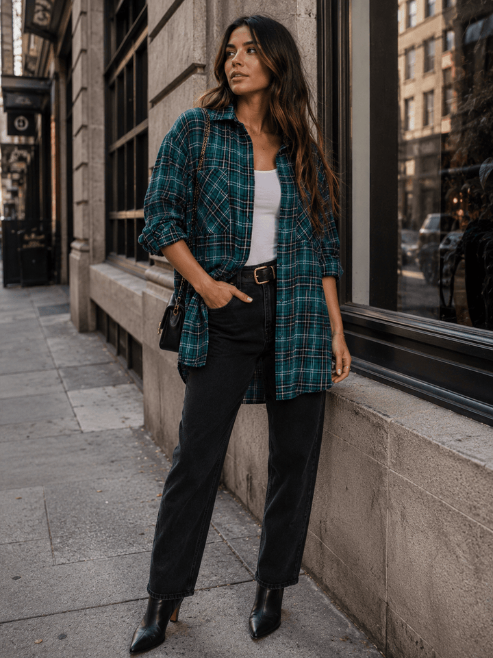 WOMEN'S LONG SLEEVE HIGH-LOW BUTTON UP OPEN BACK PLAID SHIRT