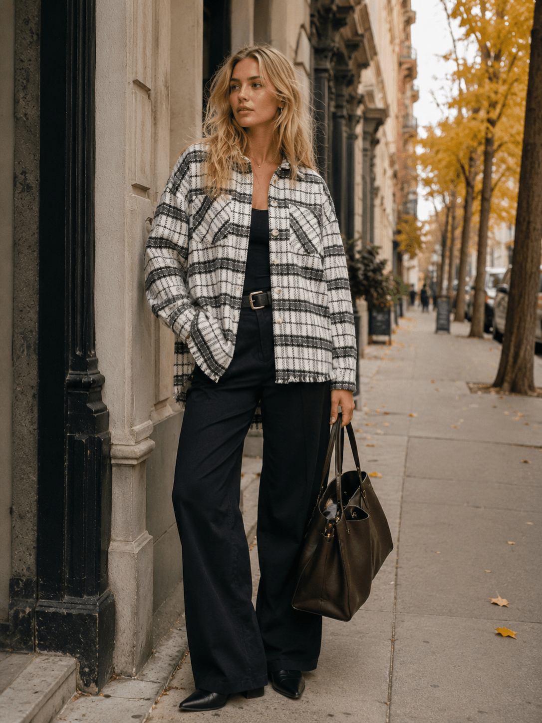 WOMEN'S LONG SLEEVE BUTTON UP FRONT POCKETS RAW EDGE PLAID JACKET