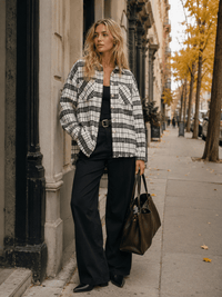 WOMEN'S LONG SLEEVE BUTTON UP FRONT POCKETS RAW EDGE PLAID JACKET