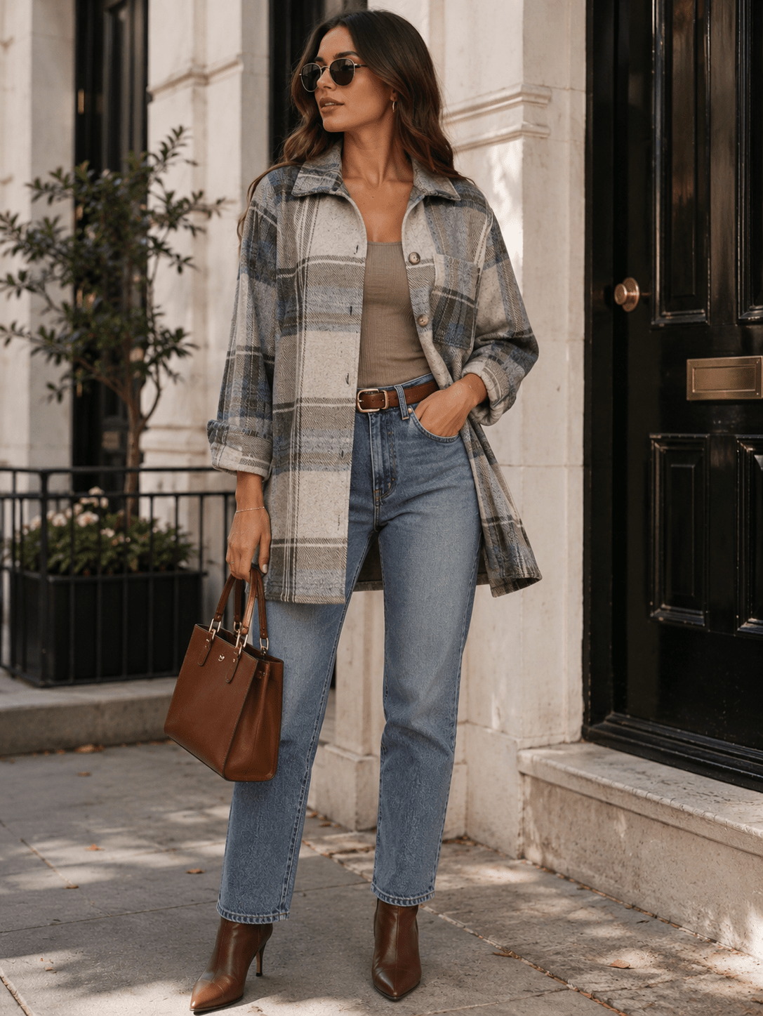 WOMEN'S LONG SLEEVE BUTTON UP FRONT POCKET PLAID JACKET