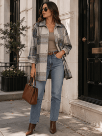 WOMEN'S LONG SLEEVE BUTTON UP FRONT POCKET PLAID JACKET