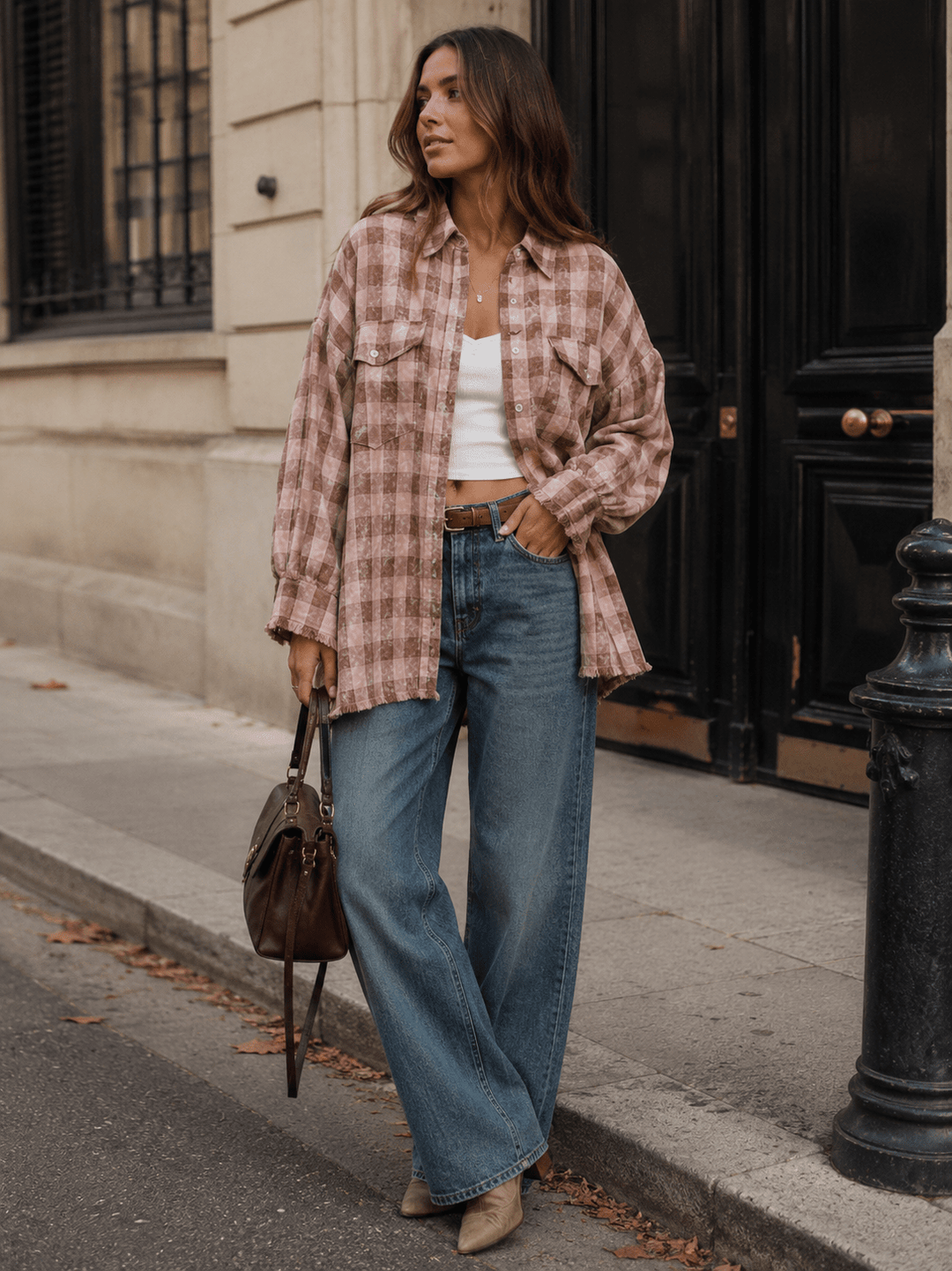 WOMEN'S LONG SLEEVE BUTTON UP FRONT POCKETS PLAID SHIRT