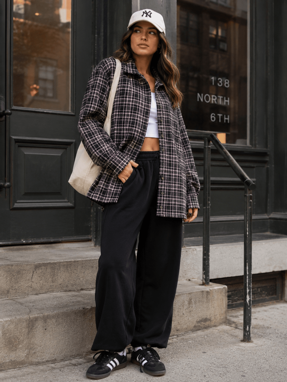 WOMEN'S LONG SLEEVE BUTTON UP FRONT POCKET PLAID JACKET