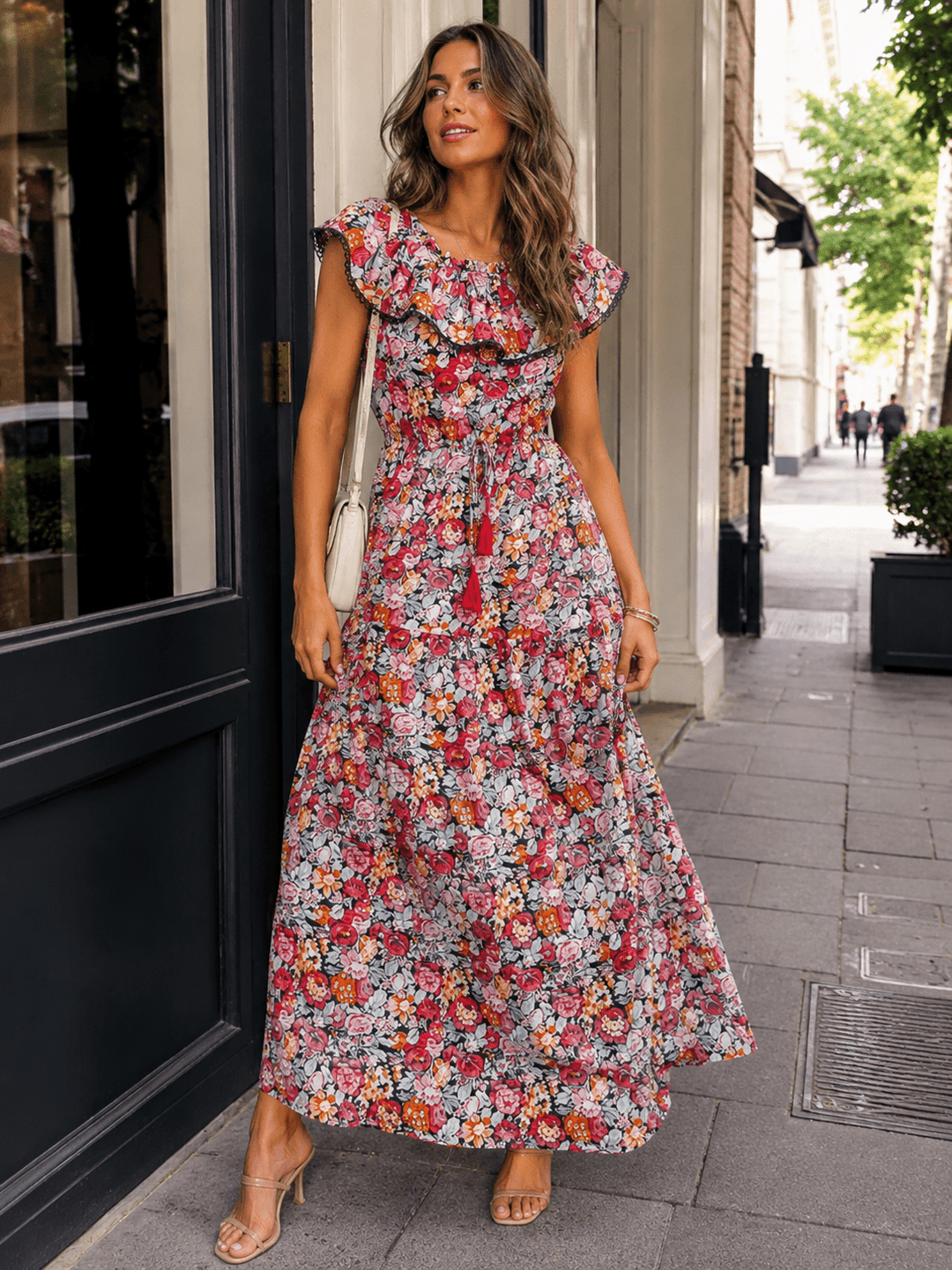 WOMEN'S RUFFLE SLEEVE ELASTIC WAIST TIERED FLORAL MAXI DRESS