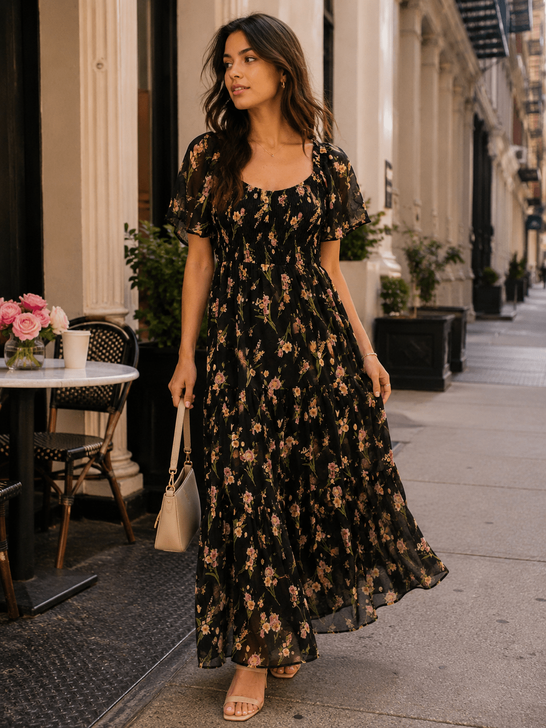 WOMEN'S SHORT SLEEVE SMOCK RUFFLE TIERED FLORAL MAXI DRESS