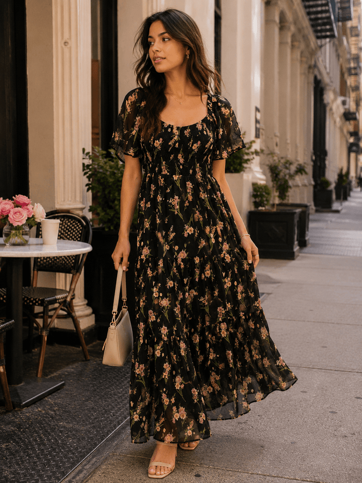 WOMEN'S SHORT SLEEVE SMOCK RUFFLE TIERED FLORAL MAXI DRESS