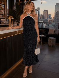 JUST ME WOMEN'S SLEEVELESS HALTER NECK OPEN BACK PEARL SEQUINS BODYCON MAXI DRESS