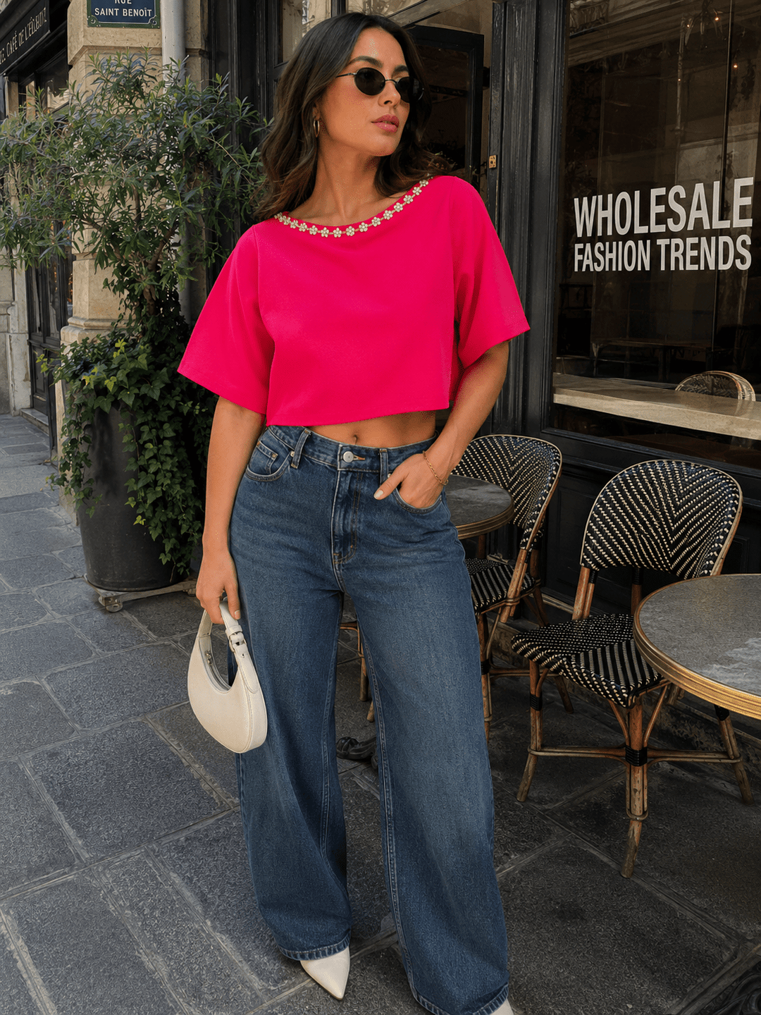 WOMEN'S SHORT SLEEVE STUDS NECK TRIM BACK BUTTON UP LINEN BLOUSE