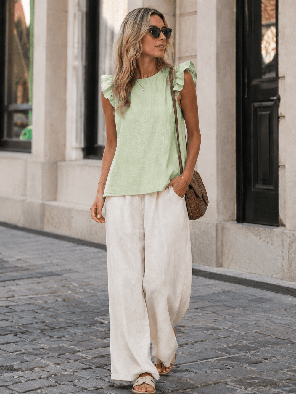 WOMEN'S RUFFLE SLEEVE SOLID BLOUSE