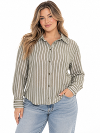 PLUS SIZE LONG SLEEVE BUTTON UP STRIPES SHIRT