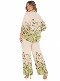 PLUS SIZE 3/4 SLEEVE BUTTON UP BLOUSE & ELASTIC WAIST WIDE LEG PANTS FLORAL 2PC. SET