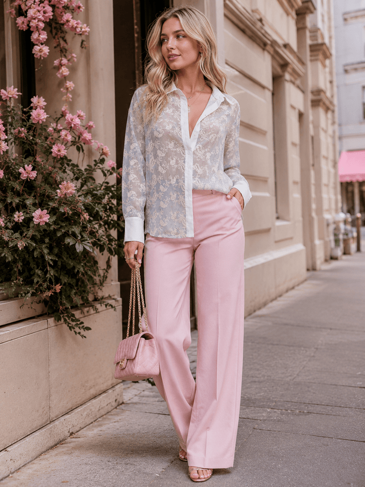 WOMEN'S LONG SLEEVE BUTTON UP EMBROIDERY BLOUSE