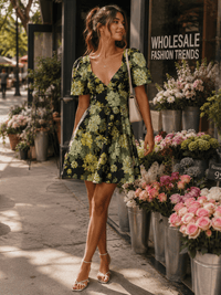 JUST ME WOMEN'S SHORT PUFF SLEEVE V-NECK SMOCK SHIMMER FLORAL MINI DRESS