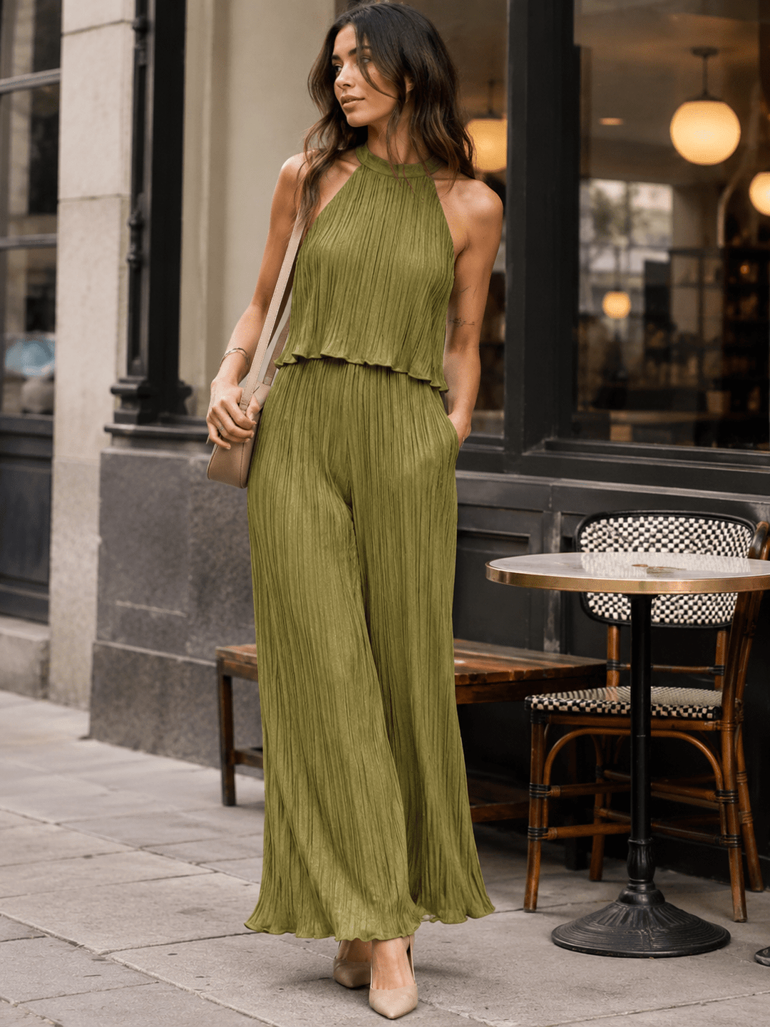 JUST ME WOMEN'S SLEEVELESS HALTER NECK POCKETS ELASTIC WAIST WIDE LEG JUMPSUIT
