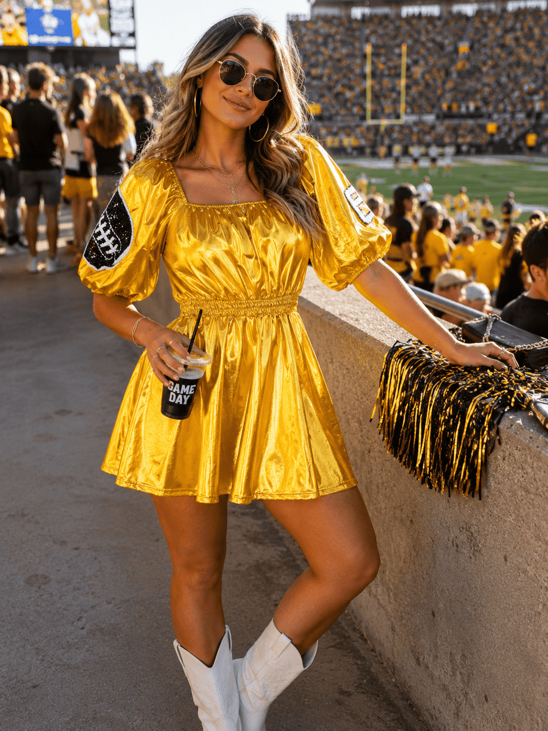 WOMEN'S SHORT PUFF SLEEVE SQUARE NECK FRONT POCKETS ELASTIC WAIST GAME DAY METALLIC MINI DRESS