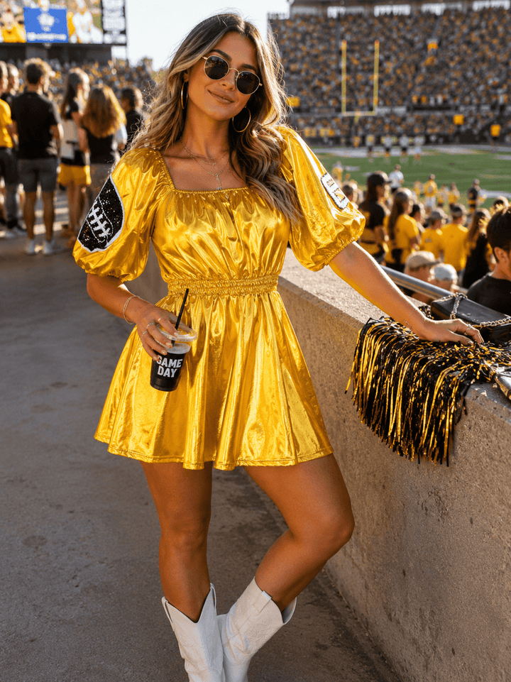 WOMEN'S SHORT PUFF SLEEVE SQUARE NECK FRONT POCKETS ELASTIC WAIST GAME DAY METALLIC MINI DRESS