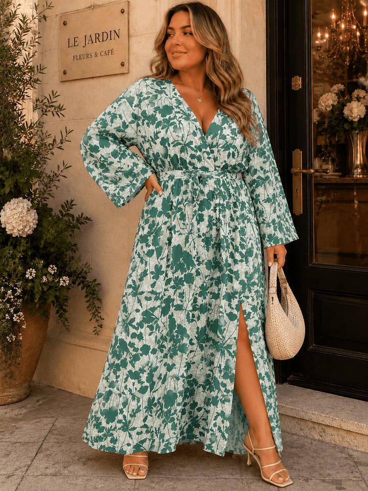 PLUS SIZE LONG SLEEVE SURPLICE SELF TIE SIDE SLIT LEAF PRINT MAXI DRESS