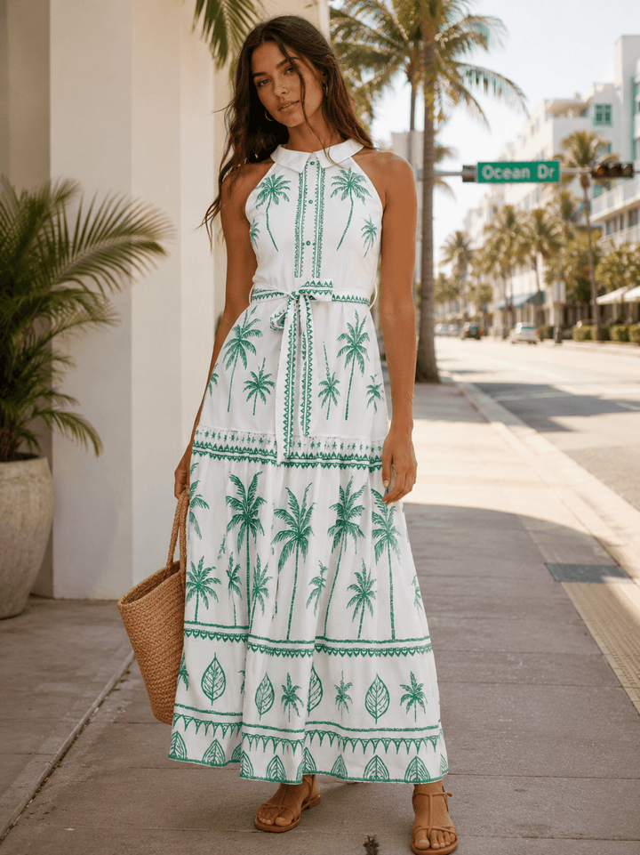 WOMEN'S SLEEVELESS HALTER NECK SELF TIE MULTI PRINT MAXI DRESS