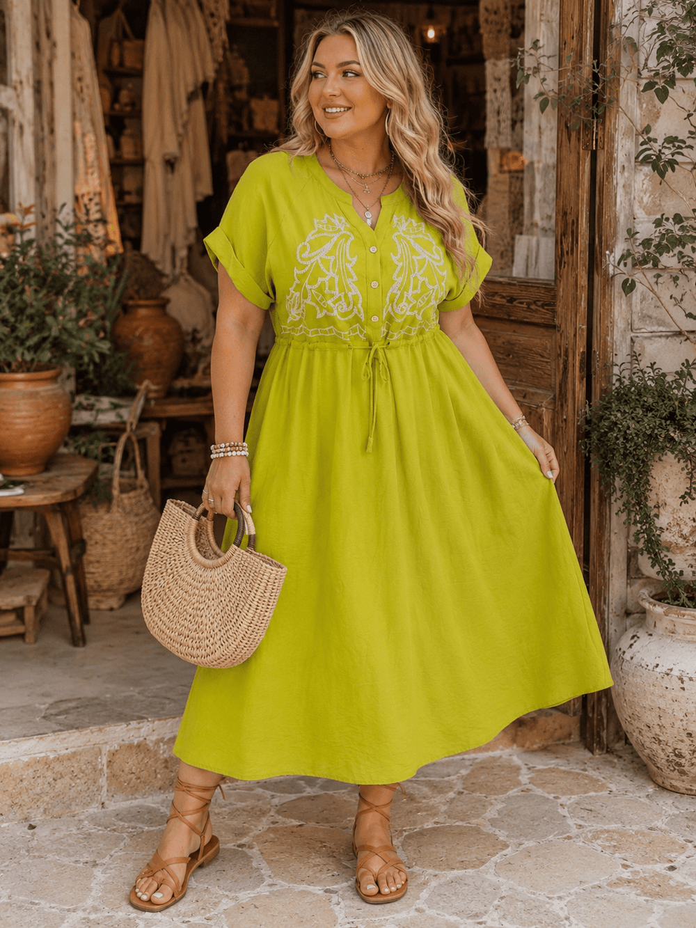 PLUS SIZE SHORT SLEEVE BUTTON UP SELF TIE ELASTIC WAIST EMBROIDERY MAXI DRESS