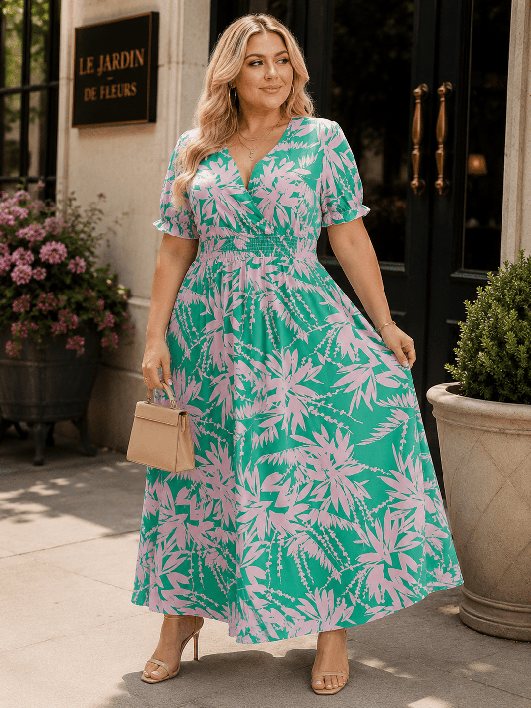 PLUS SIZE SHORT SLEEVE SURPLICE SMOCK WAIST FLORAL MAXI DRESS
