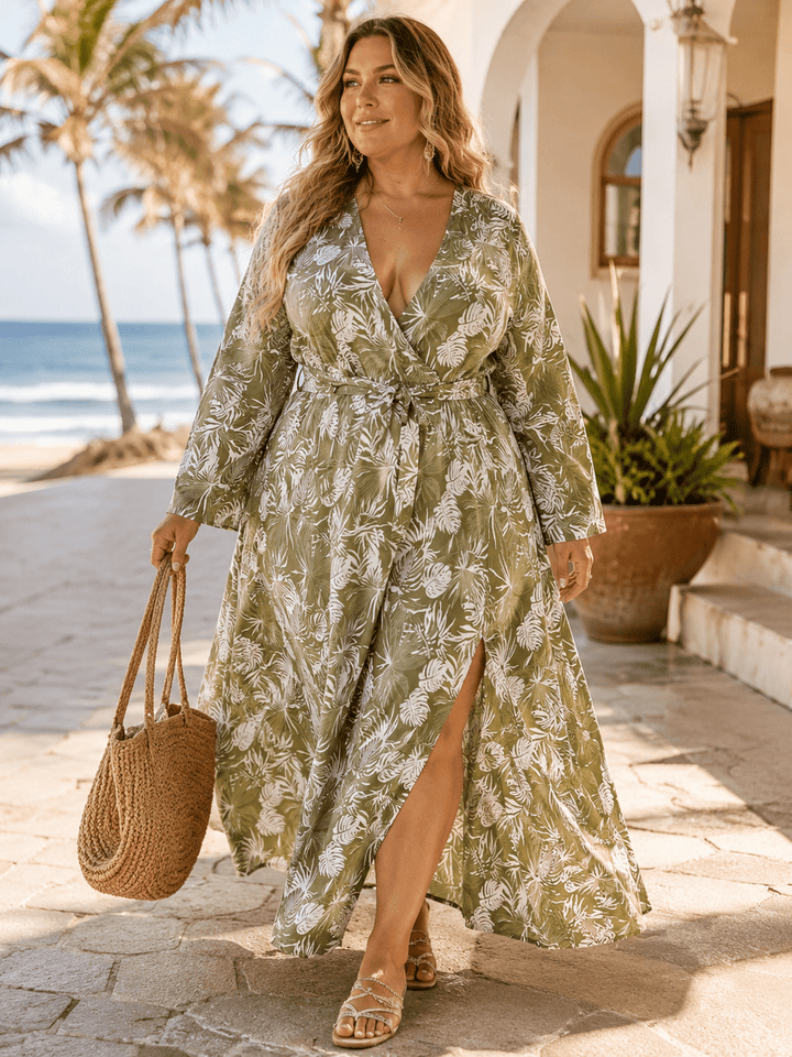 PLUS SIZE LONG SLEEVE SURPLICE SELF TIE SIDE SLIT LEAF PRINT MAXI DRESS
