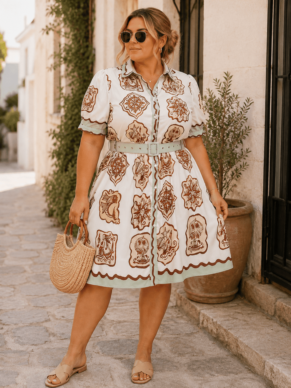 PLUS SIZE SHORT SLEEVE BUTTON UP BELTED MULTI PRINT MIDI DRESS