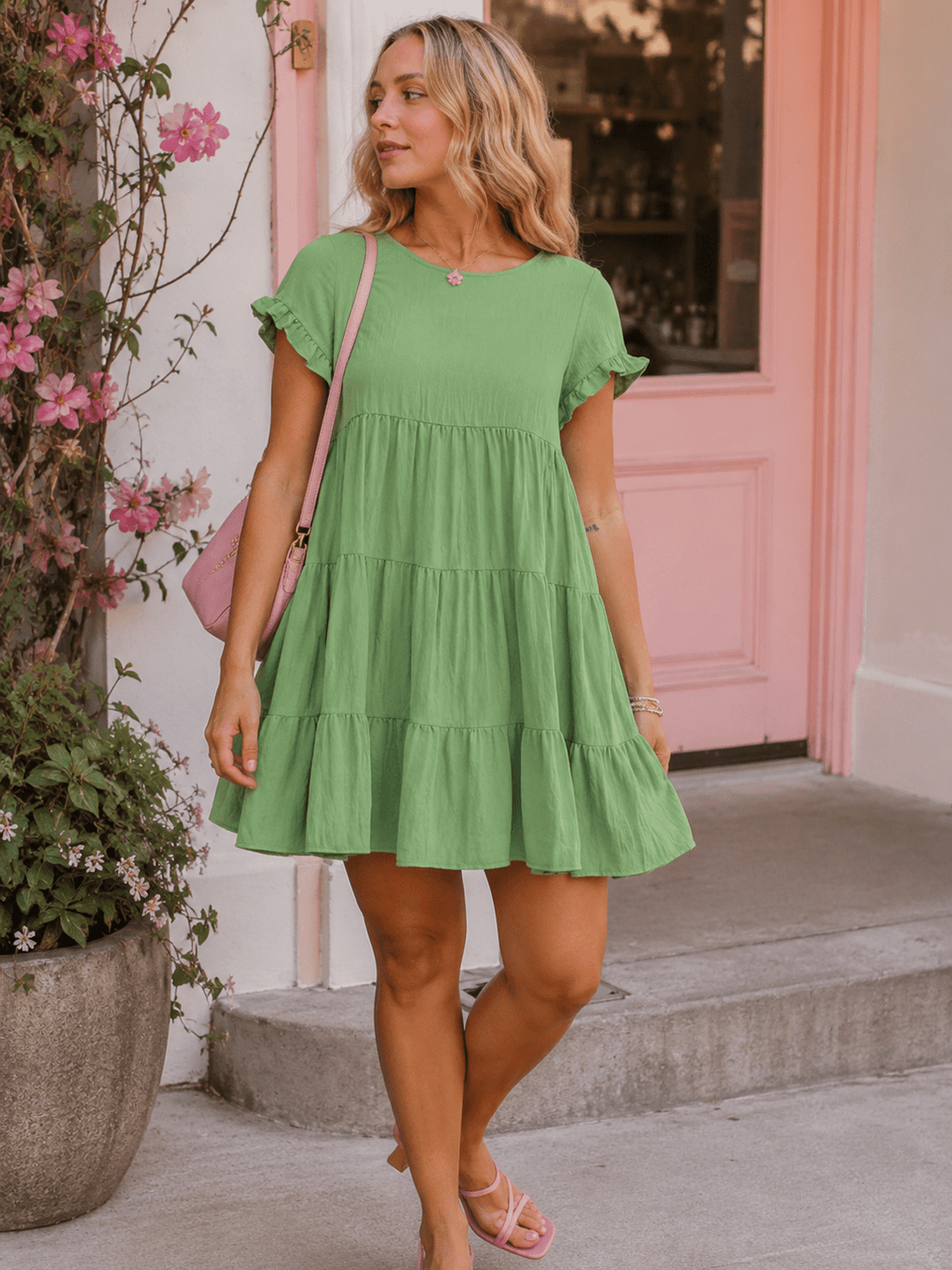 WOMEN'S SHORT SLEEVE FRONT POCKETS TIERED TUNIC MINI DRESS