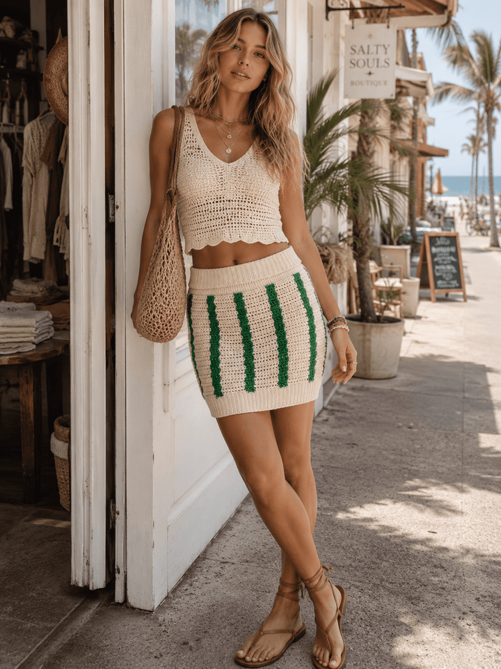 WOMEN'S ELASTIC WAIST COLORBLOCK STRIPES CROCHET MINI SKIRT