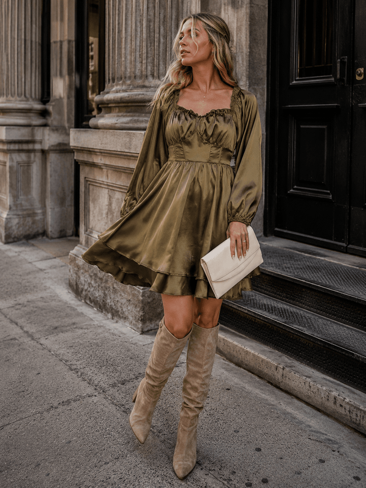WOMEN'S LONG SLEEVE SMOCK TIERED MINI DRESS