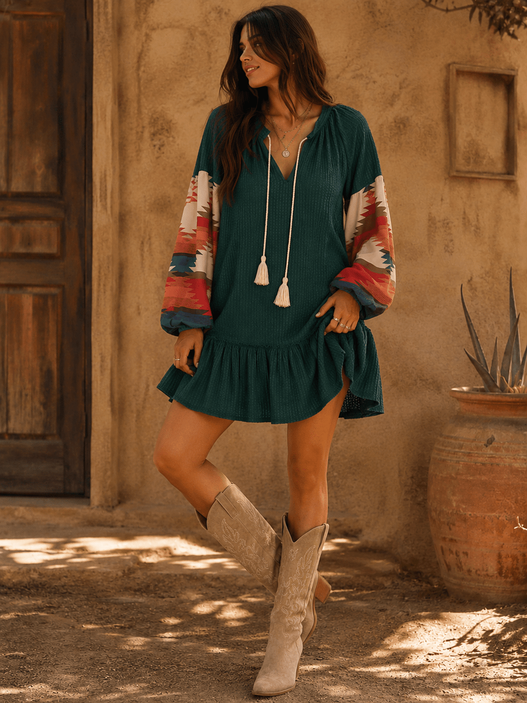 WOMEN'S LONG PRINT SLEEVE V-NECK LOOSE FIT MINI DRESS